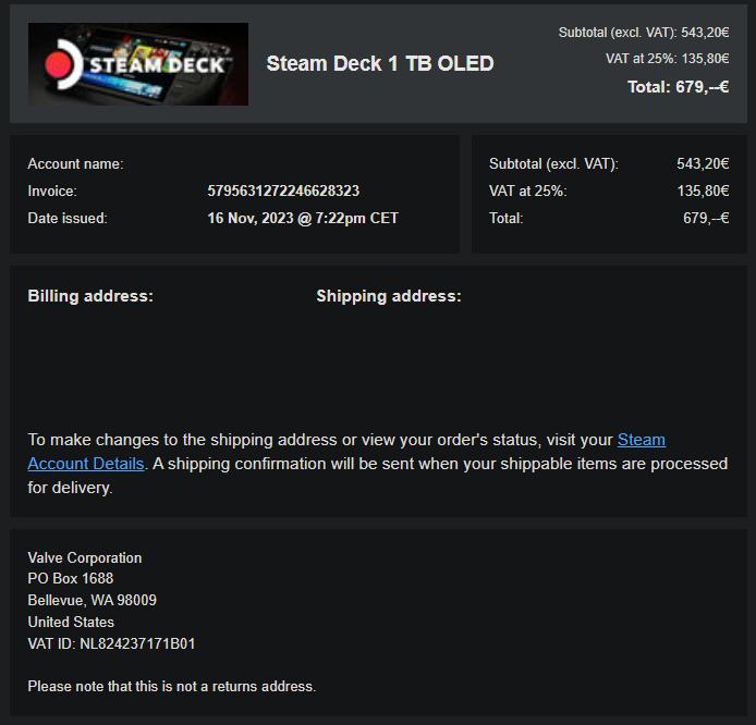 VALVE STEAM DECK 1TB Handheld OLED System Model 1030- Black EUR 511,53 - FR