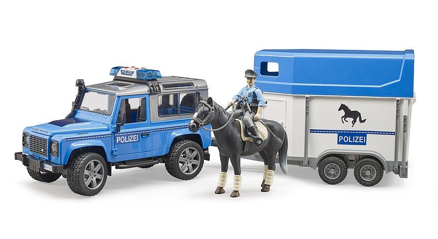 BRUDER Land Rover Defender policija s prikolicom i konjem