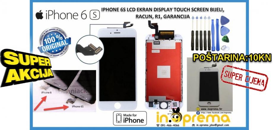 IPHONE 6S LCD EKRAN DISPLAY TOUCH SCREEN BIJELI, RACUN, R1, GARANCIJA