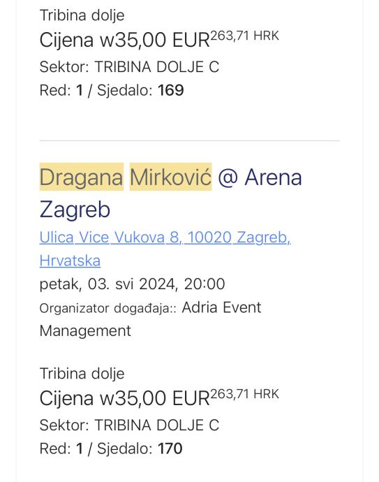 Dragana Mirkovic Arena Zagreb -2 karte