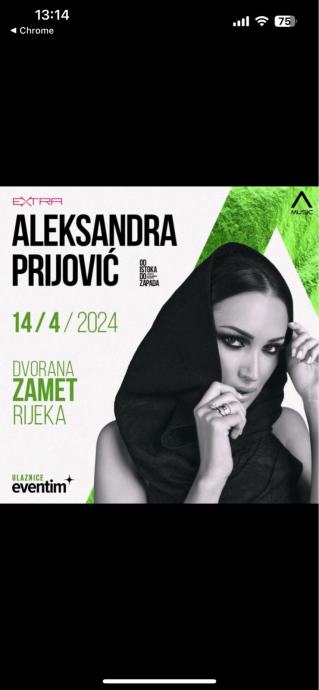 Dvije ulaznice za koncert Aleksandre Prijovic 14.04. Rijeka