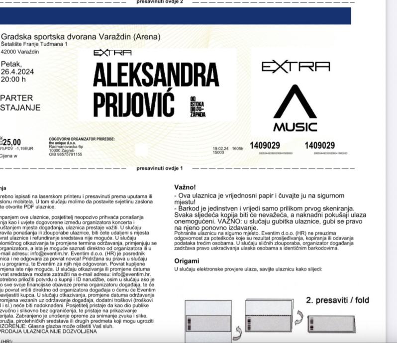 Karta za Aleksandru Prijović u Varaždinu prvi dan