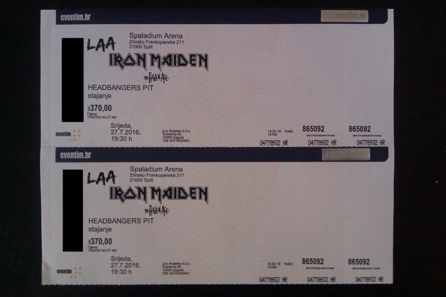 Karte za koncert Iron Maiden "Headbangers Pit", Split 27.07.2016.