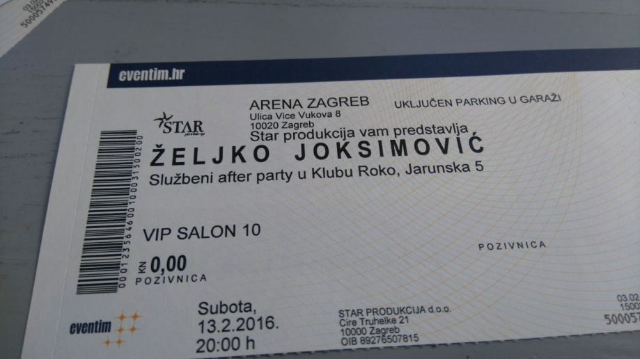ŽELJKO JOKSIMOVIĆ ARENA 2 KARTE VIP SALON