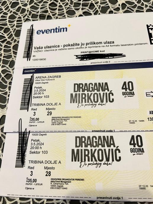 Dragana Mirković PRVA VEČER dvije karte za koncert arena Zagreb