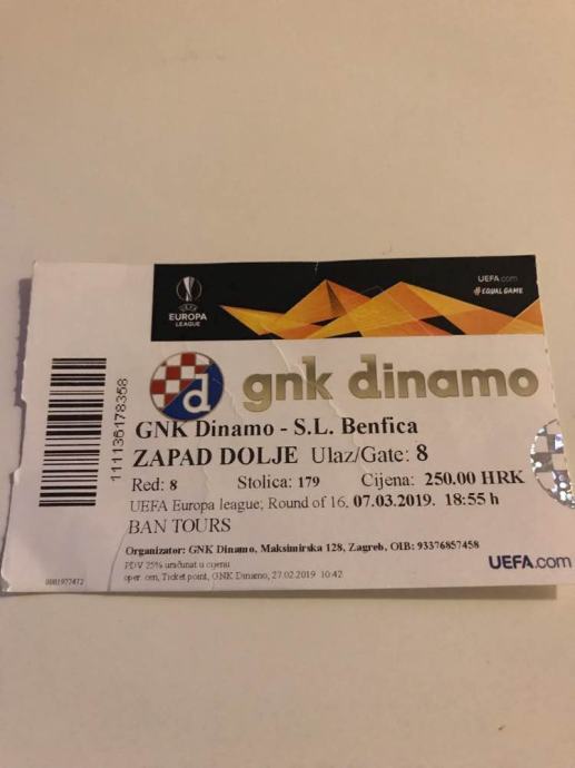 Ulaznica Dinamo Zagreb - Benfica 2019.