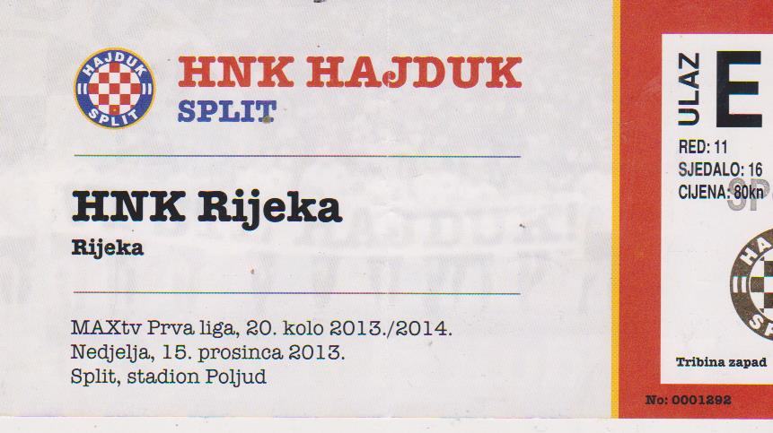 Ulaznica HNK Hajduk 20 kuna komad 02