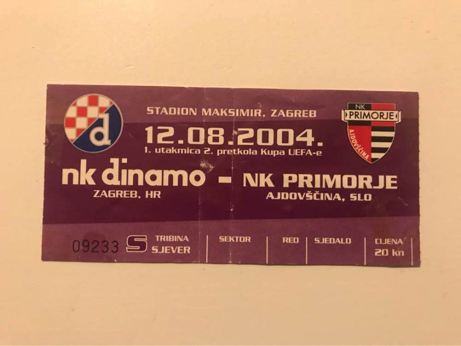 Ulaznica NK Dinamo Zagreb - NK Primorje Ajdovščina 2004.