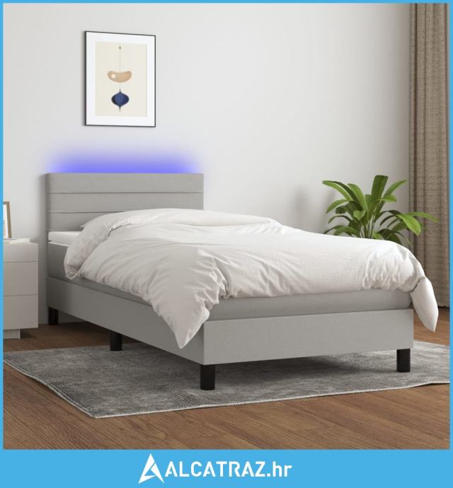 Krevet box spring s madracem LED svjetlosivi 90x200 cm tkanina - NOVO