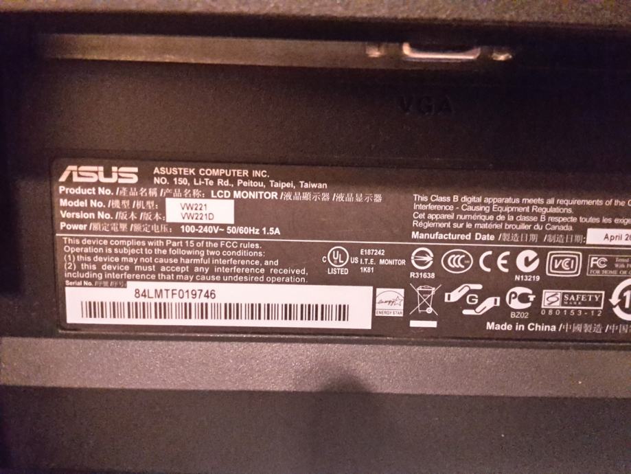 Asus VW221D, 22 (inča), 5ms, VGA konektor, kablovi, ispravan