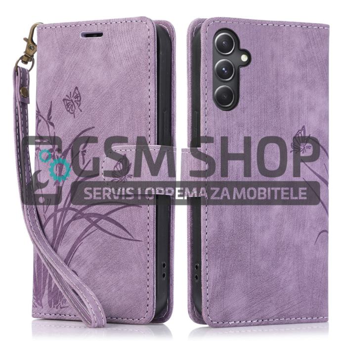 Leptir i orhideje preklopna torbica Samsung Galaxy S23 FE 5G lila
