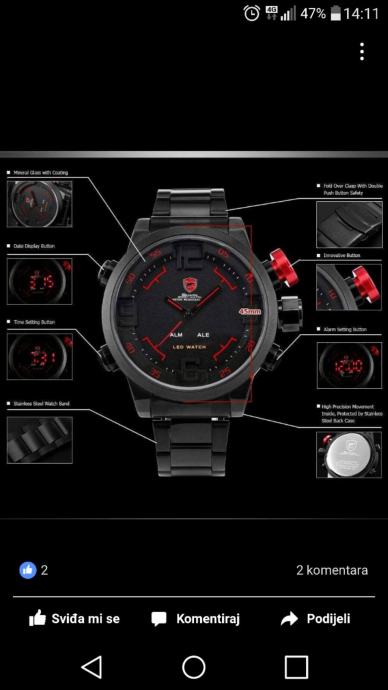 Classic black-red men's Shark digital LED stainless steel quartz watch