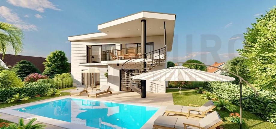 Malinska, nova moderna dvojna kuća s bazenom na 150 m od mora (prodaja)