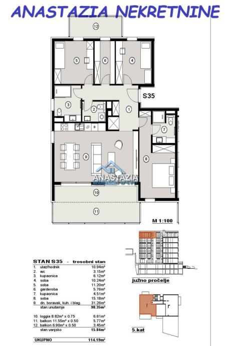 ŽNJAN NOVOGRADNJA -5.kat, stan 3S+DB, 2 balkona, lođa, 2kwc+wc, pogled (prodaja)