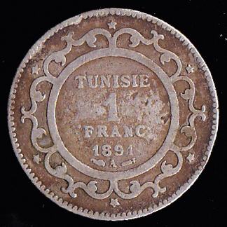1891 TUNISIA - 1 Franak, srebrnjak, Francuski Protektorat