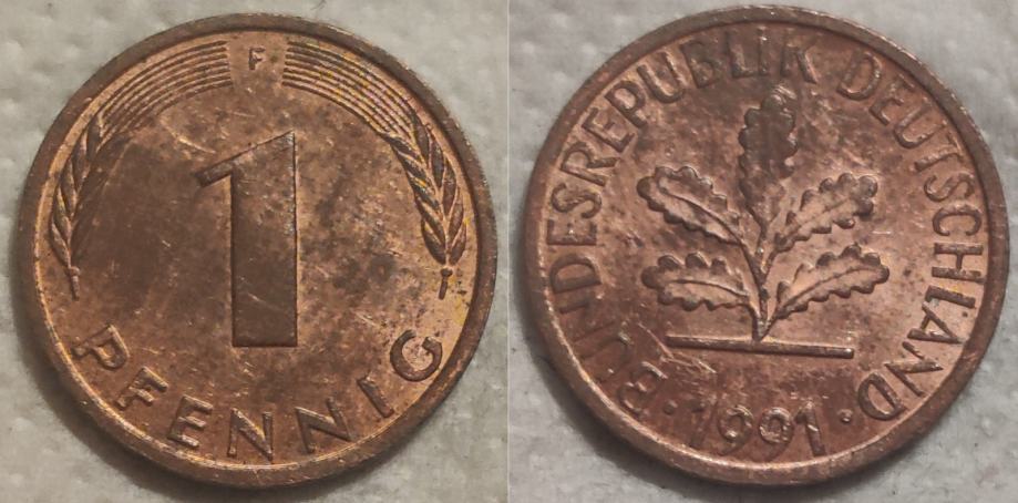 Germany 1 pfennig, 1991 "F" - Stuttgart ***/