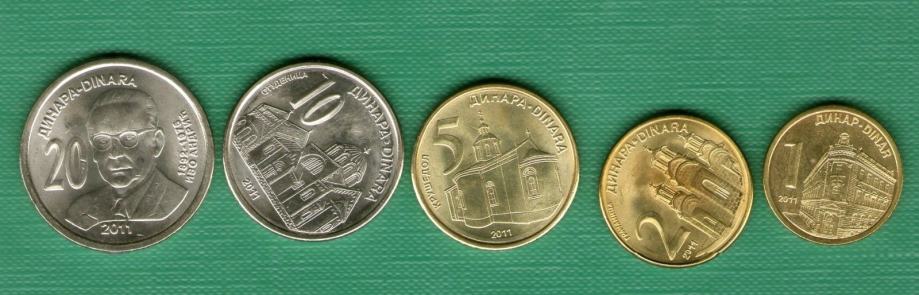 SERBIA SRBIJA YUGOSLAVIA FULL COIN SET 2011 .g. 1 2 5 10 20 dinara UNC
