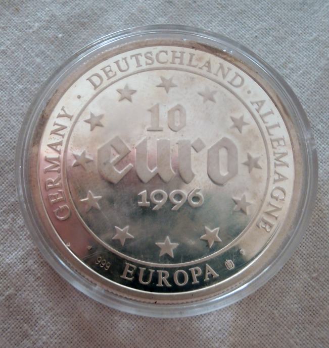 Srebrnjak 10 Euro 1996,Sa certifikatom. 20g.999