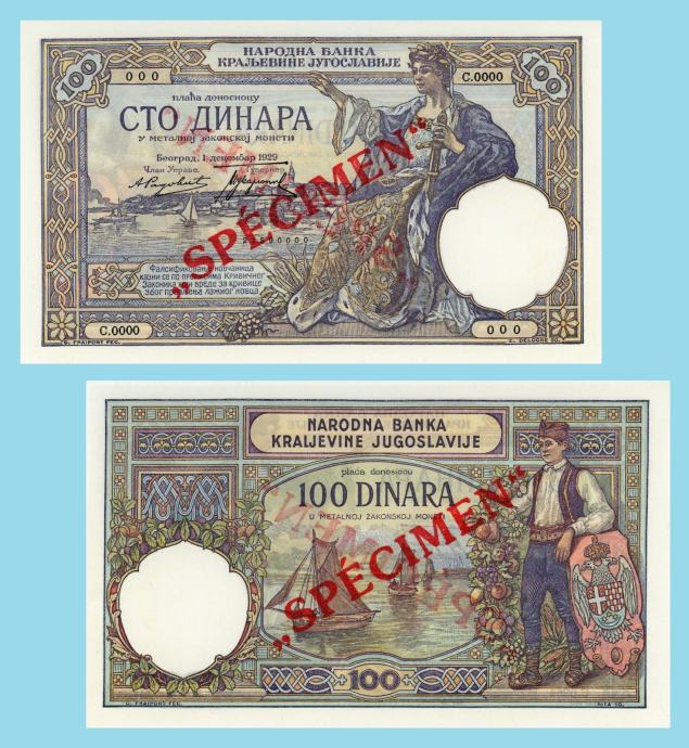 JUGOSLAVIJA 100 DINARA 1929 - SPECIMEN