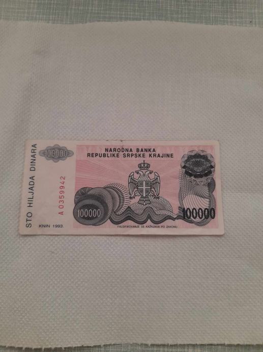 novčanica sto hiljada dinara knin 1993.