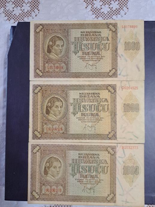 Novcanice od 1000 kuna iz vremena NDH, 1941.godine, cijena 9 eura kom.