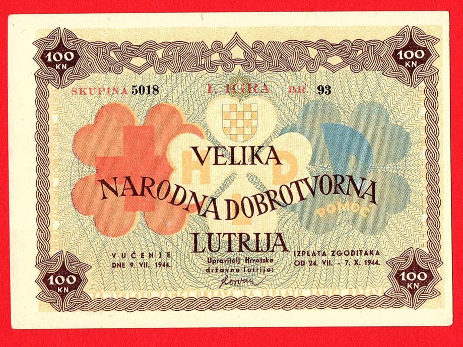 N D H 1944. Velika narodna dobrotvorna lutrija 100 kn RIJETKO