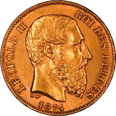 Belgijski zlatni novcic 1874 20 Francs Leopold II