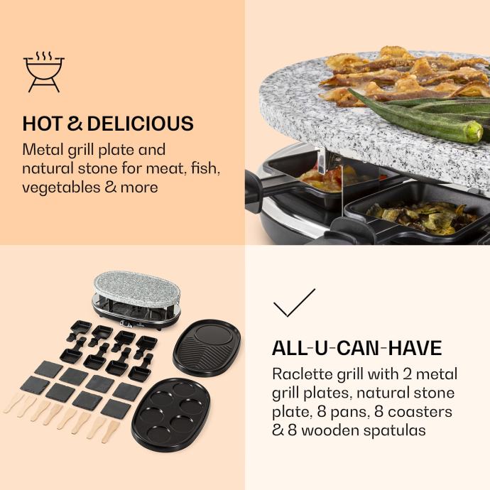 Klarstein Steaklette Raclette avec grille 1500 W, régulateur de température, 3 plaques interchangeables, plaque en pierre, pour 8 personnes Klarstein Steaklette Raclette avec grille 1500 W, régulateur de température, 3 plaques interchangeables, plaque en pierre, pour 8 personnes