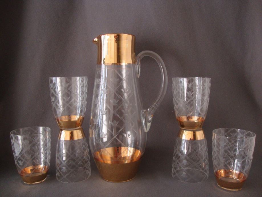 Starinski Vrč i 6 čaša za vodu/vino-Antique gold cut glass set