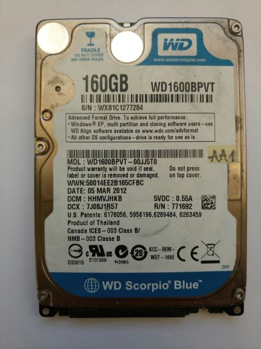 Disque Dur Portable WD Scorpio Black 160GB SATA - Modèle WD1600BEKT - 2.5" Pour PC Portable - Occasion