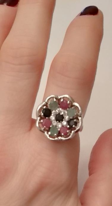 Srebrni prsten, srebro 925, smaragd, rubin, safir