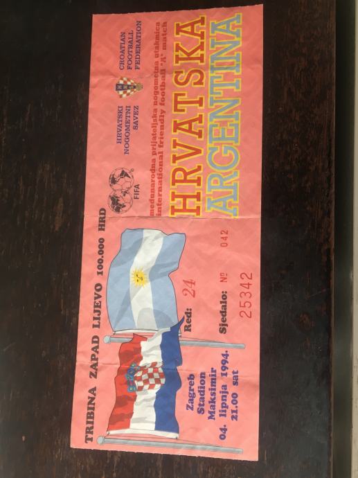 Ulaznica sa prijateljske utakmice Hrvatska - Argentina 1994.