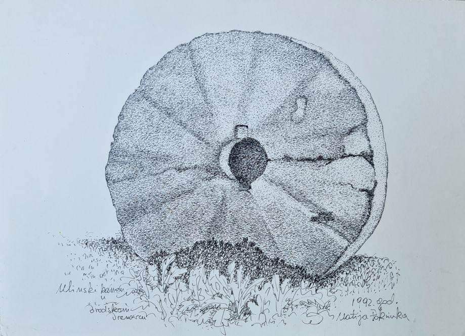 Matija Pokrivka "Mlinski kamen"  crtež tušem 30x40cm; iz 1992 godine;