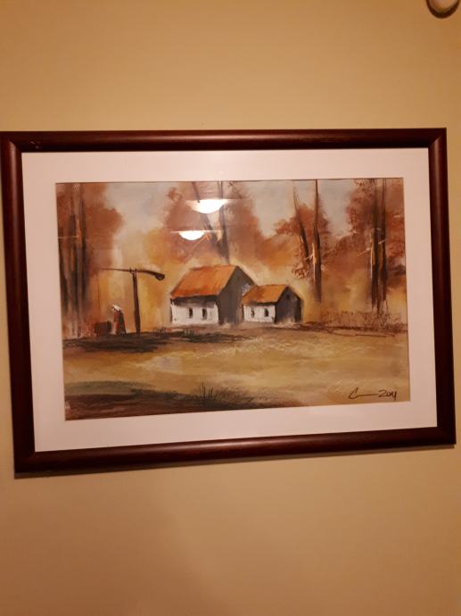 Prodajem umjetnicku sliku sa motivima dvije kuće sa bunarom
