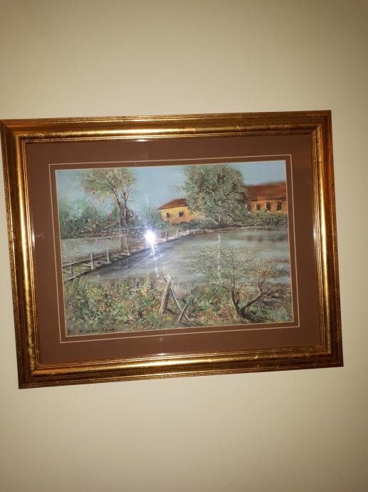 Prodajem umjetnicku sliku sa motivima dvije kuće sa mostićem