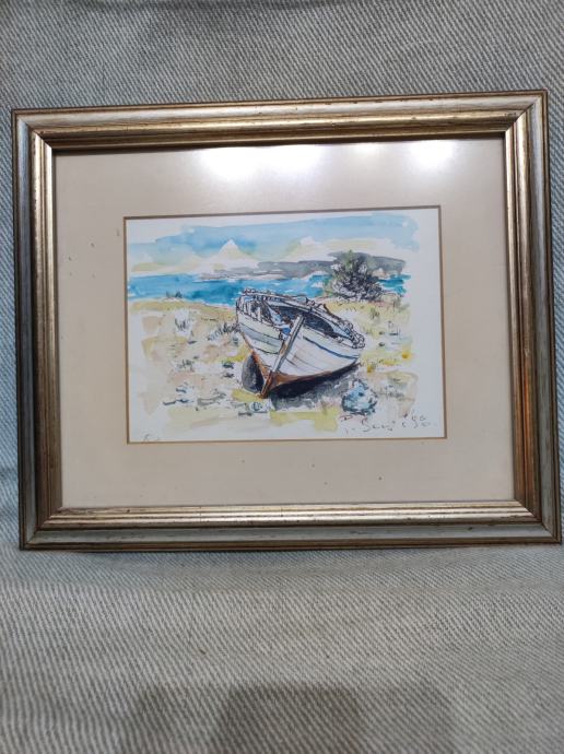 Slika, morski motiv, čamac, akvarel