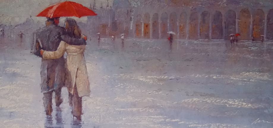 Umjetnička slika Par na kiši s kišobranom