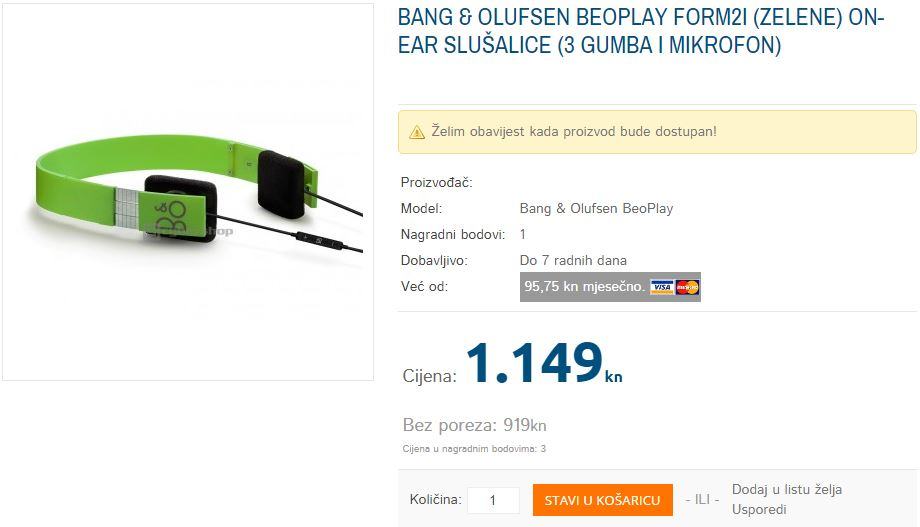 Bang & Olufsen BeoPlay Form2i (zelene) on-ear slušalice NOVE, R1