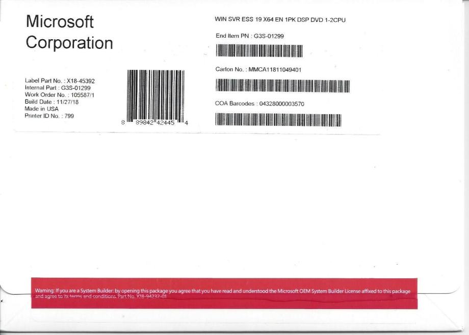 Microsoft Windows Server 2019 Essentials RETAIL DVD | Novo | R1 Račun
