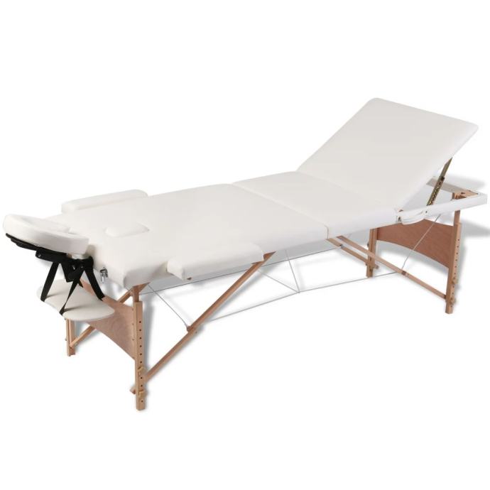 Sklopivi stol za masažu s drvenim okvirom trodijelni krem bijeli  NOVO
