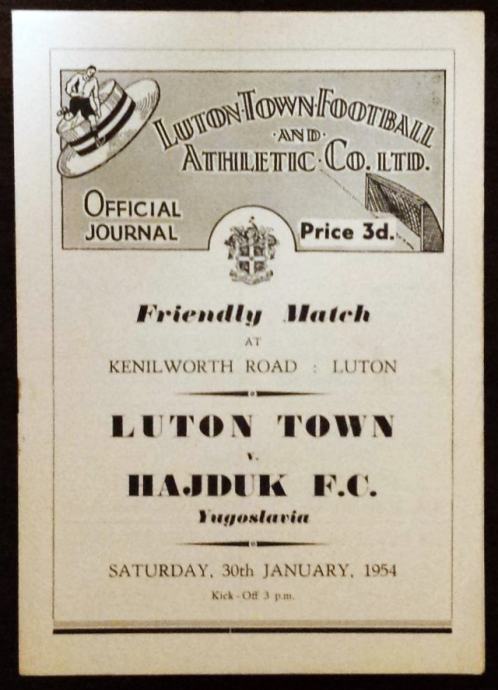 Luton Town vs Hajduk Split program prijateljska utakmica 1954.