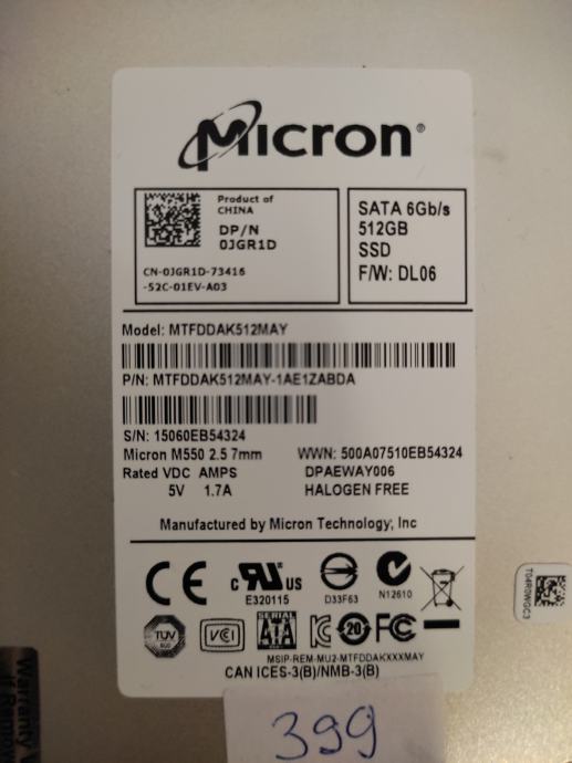 SSD disk Micron 512GB SATA model: MTFDDAK512MAY