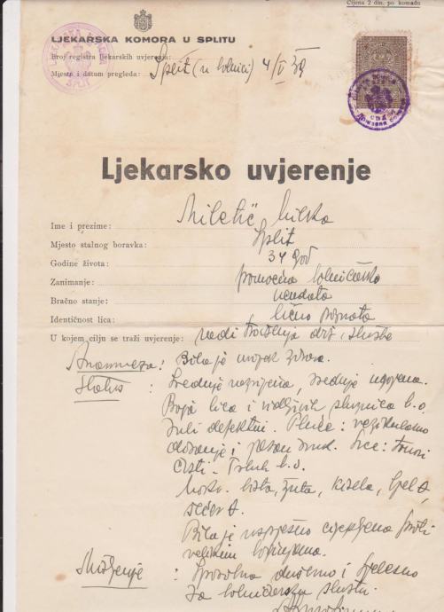 K.Jugoslavija Ljekarska komora u Splitu ljekarsko uvjerenje 1939 g