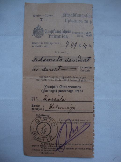 UPLATINCA / PRIMICA iz 1905.god i 1899.godine / Aufgabeschein
