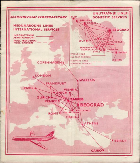 JAT Jugoslovenski aerotransport Red letenja ljeto 1963