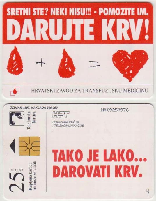 131 HRVATSKA CROATIA TEL.KARTICA DARUJTE KRV 1997 ČIP 1T