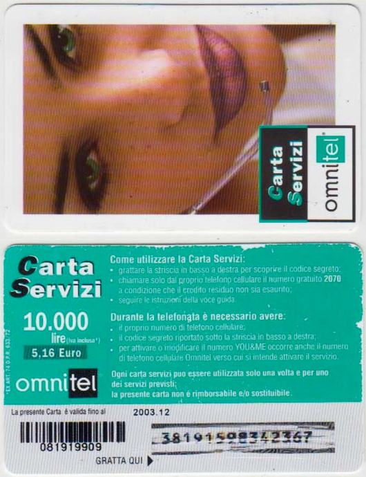 ITALIJA ITALY 07 SERVIZI OMNITEL BON ZA MOBITEL 10 000 L 2003.12
