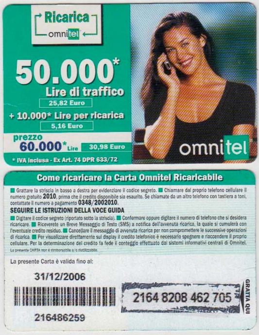 ITALIJA ITALY 113 OMNITEL BON ZA MOBITEL 50 000 L 31/12/2006
