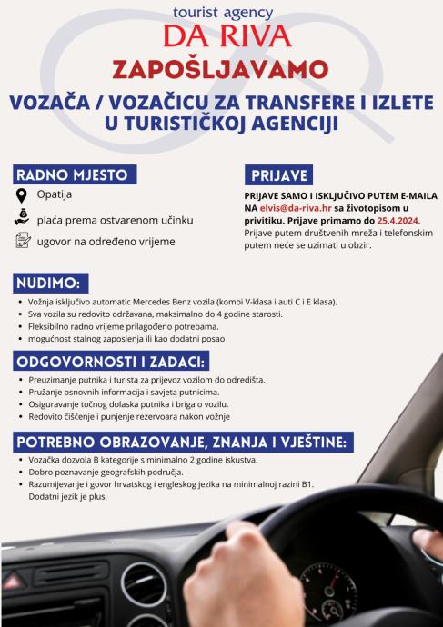 Vozač/ vozačica za transfere i izlete u turističkoj agenciji (m/ž)