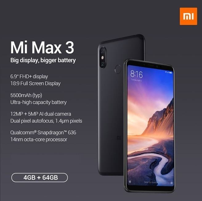 Xiaomi Mi Max 3; 4GB/64GB; 5500mAh; Global